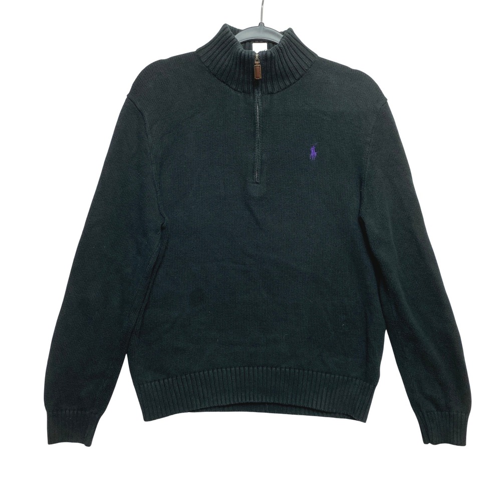Polo Ralph Lauren Sweater Mens M Green Quarter-Zip Mock Neck Purple Pony Logo